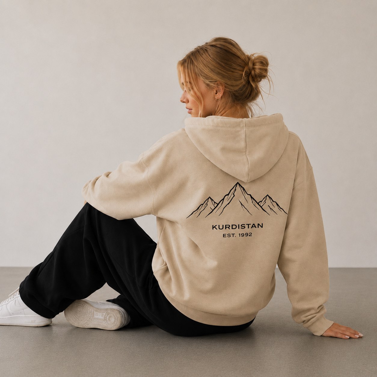 BIJI Hoodie in Sand, Kurdistan mountain back print